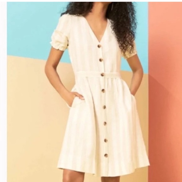 LOFT Dresses & Skirts - LOFT Beige White Stripe Linen Button-Front Short Puff Sleeve Dress